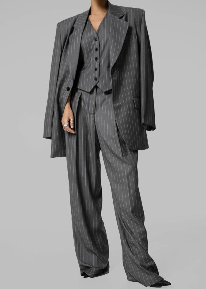 Holland Pleated Trousers - Charcoal/White Pinstripe Grey Bottoms The Frankie Shop Women