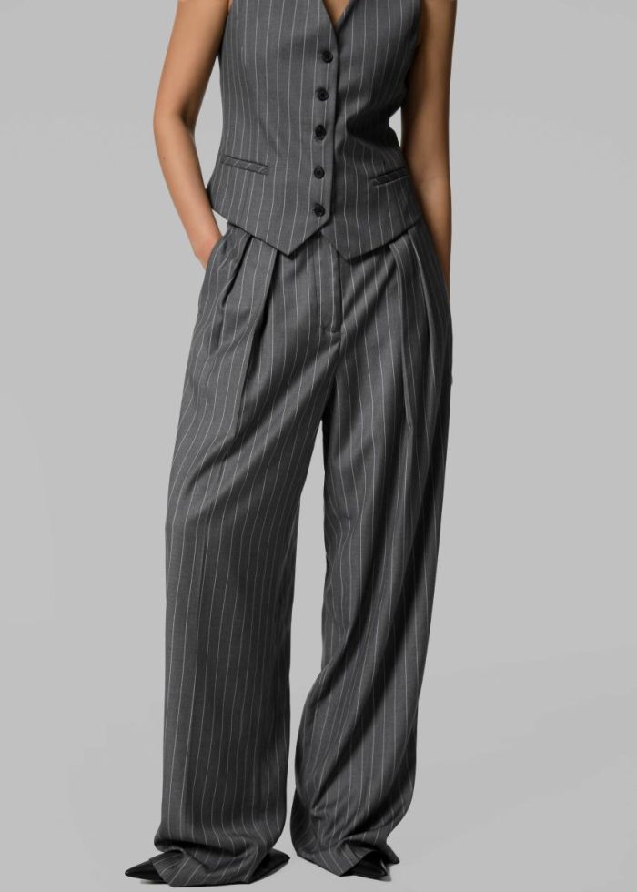 Holland Pleated Trousers - Charcoal/White Pinstripe Grey Bottoms The Frankie Shop Women