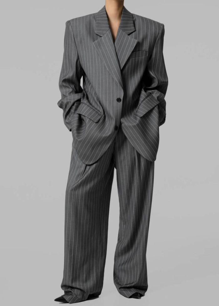 Holland Pleated Trousers - Charcoal/White Pinstripe Grey Bottoms The Frankie Shop Women