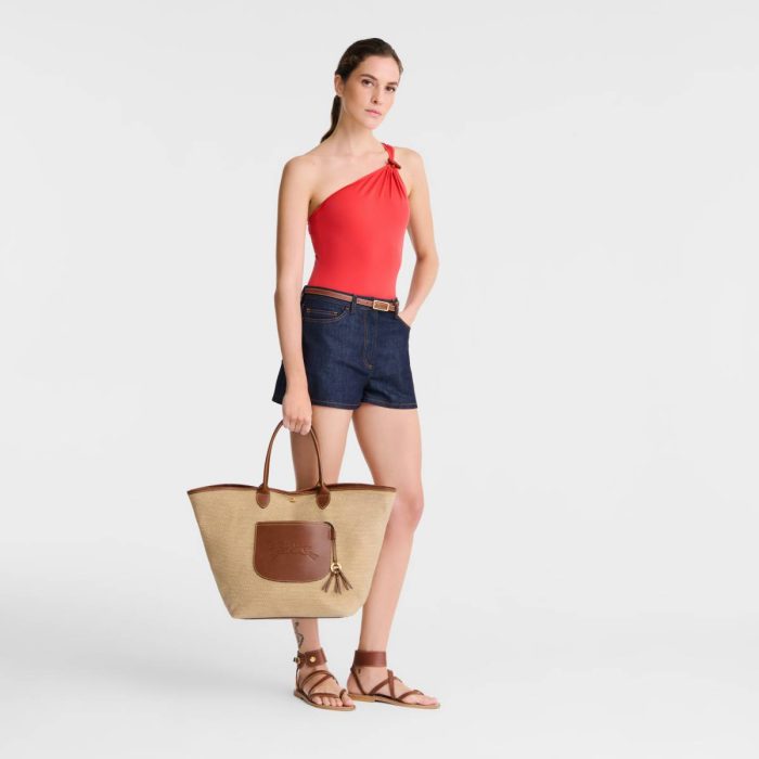 Le Pliage Collection L Basket Bag Brown - Canvas Women Longchamp Brown Shoulder Bags