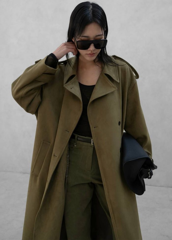 Lulea Faux Suede Trench Coat - Khaki Outerwear Women The Frankie Shop Green