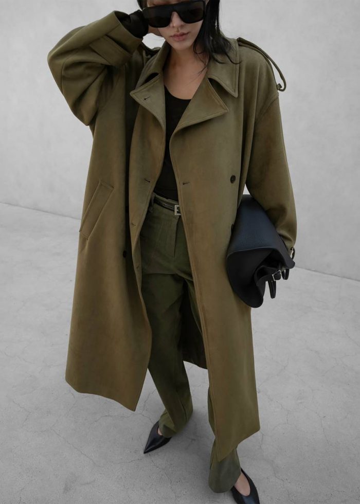 Lulea Faux Suede Trench Coat - Khaki Outerwear Women The Frankie Shop Green