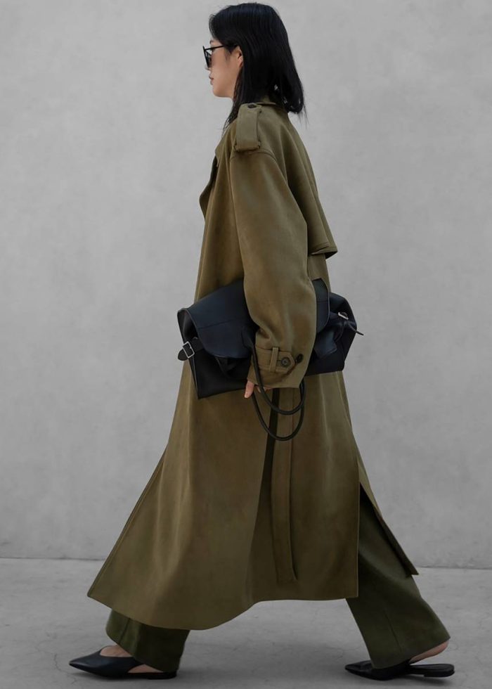 Lulea Faux Suede Trench Coat - Khaki Outerwear Women The Frankie Shop Green