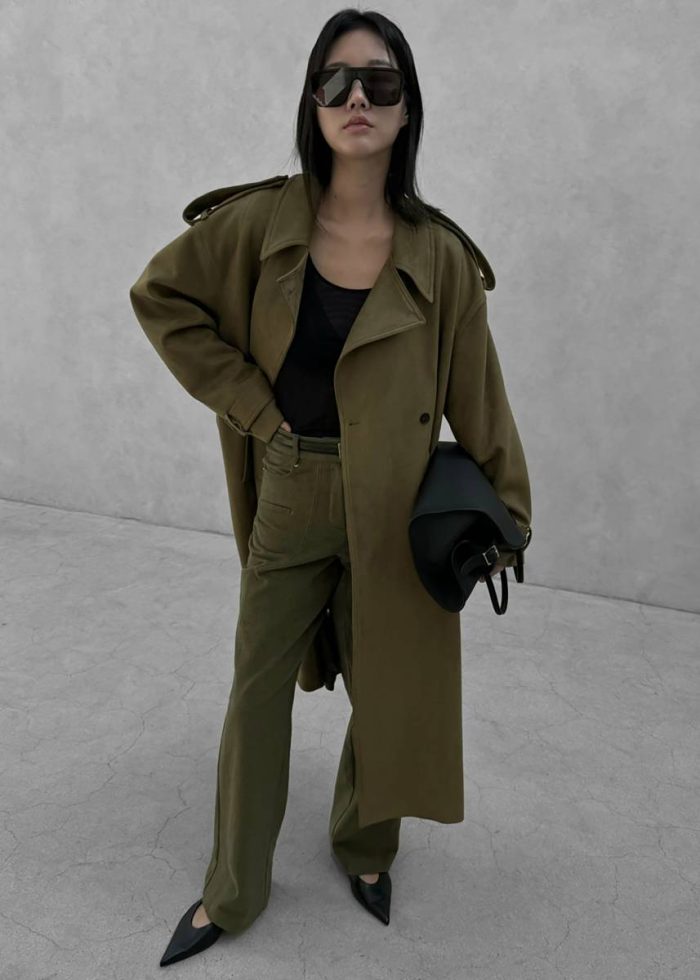 Lulea Faux Suede Trench Coat - Khaki Outerwear Women The Frankie Shop Green