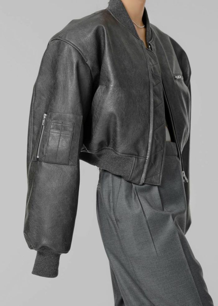 Outerwear Women The Frankie Shop Gae Faux Leather Cropped Bomber - Charcoal Grey