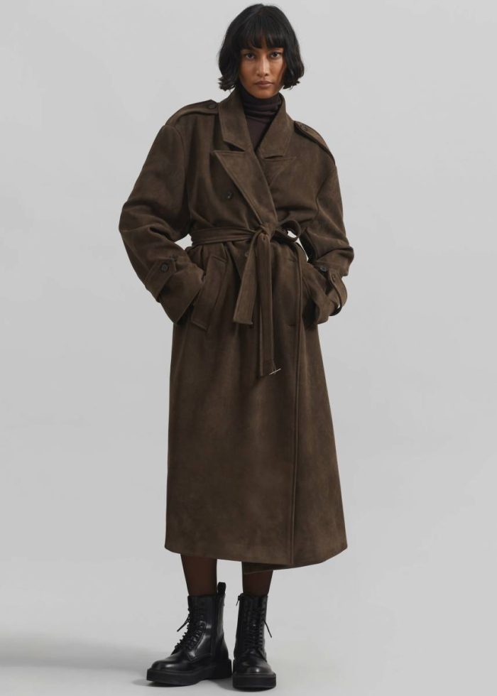 Peoria Faux Suede Trench Coat - Brown Women Brown Outerwear The Frankie Shop