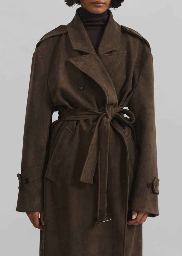 Peoria Faux Suede Trench Coat - Brown Women Brown Outerwear The Frankie Shop
