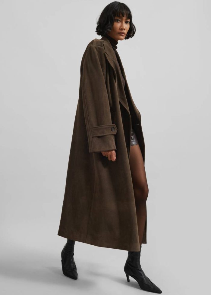 Peoria Faux Suede Trench Coat - Brown Women Brown Outerwear The Frankie Shop