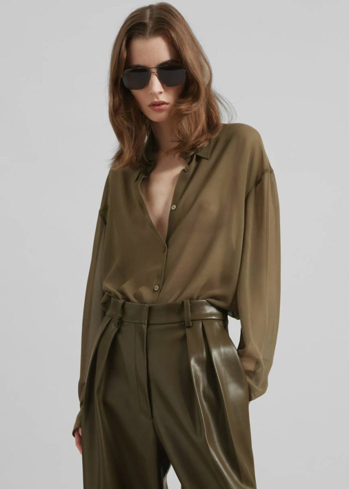 Peri Silk Georgette Shirt - Khaki The Frankie Shop Women Tops Green