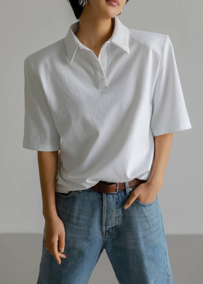 Rane Padded Shoulder Polo - White Women Tops White The Frankie Shop