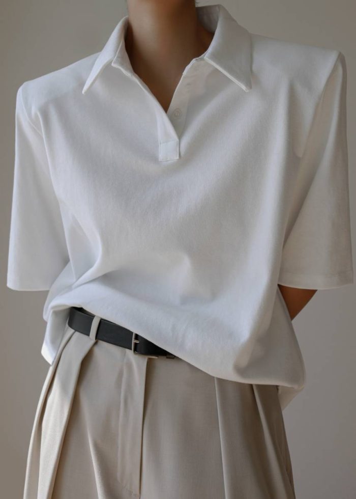 Rane Padded Shoulder Polo - White Women Tops White The Frankie Shop