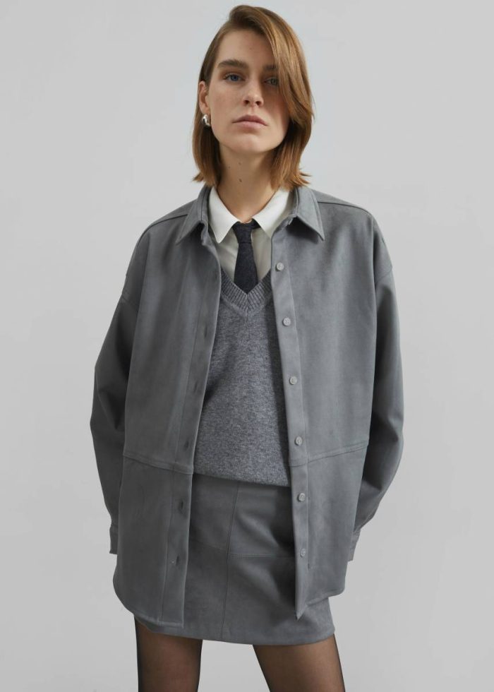 Regina Faux Suede Shirt - Slate Grey Tops The Frankie Shop Women Grey