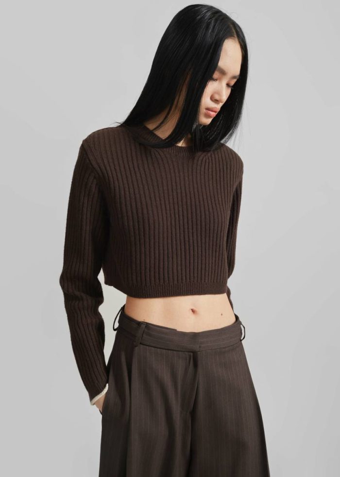 Ritsem Cropped Ribbed Wool Sweater - Dark Brown Knitwear Women Brown The Frankie Shop