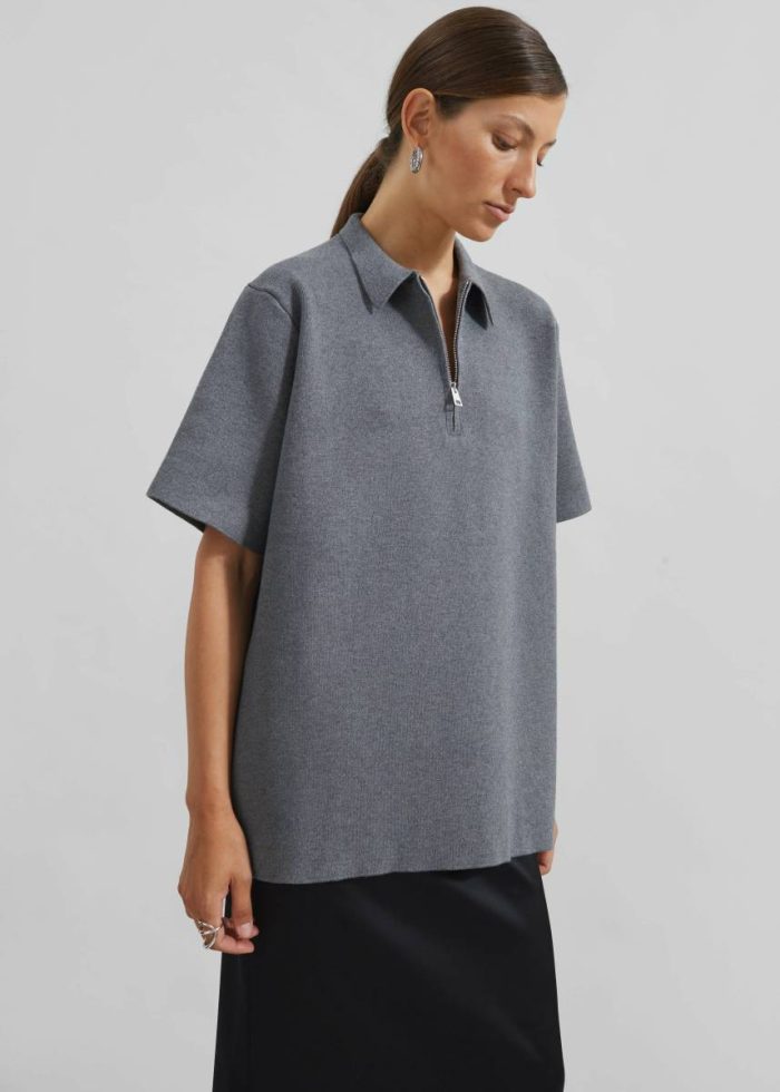 Riya Zip-Up Polo - Grey Tops Grey Women The Frankie Shop