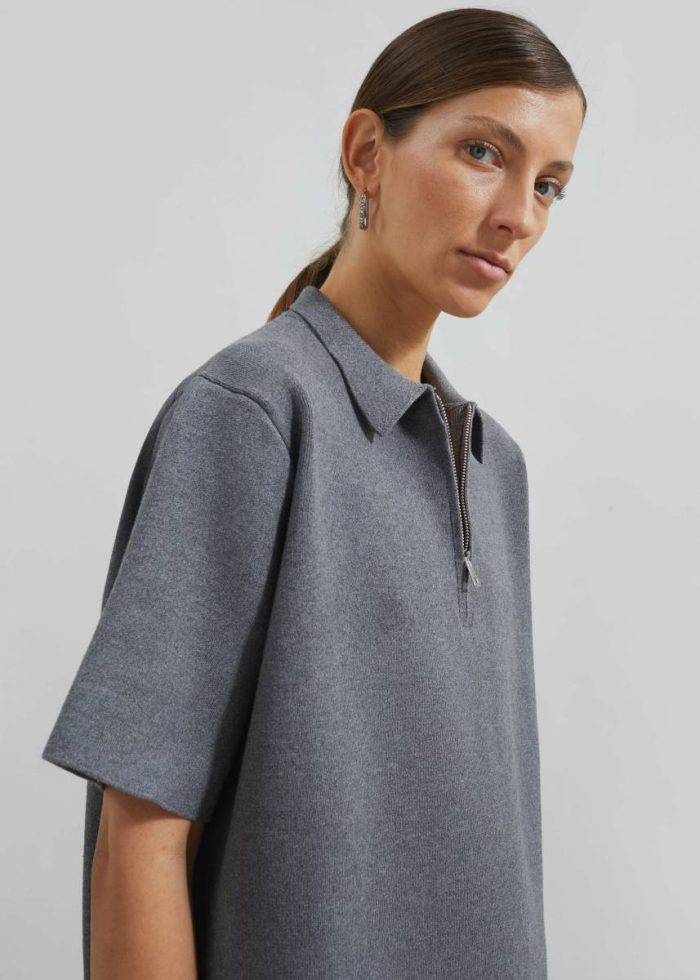Riya Zip-Up Polo - Grey Tops Grey Women The Frankie Shop
