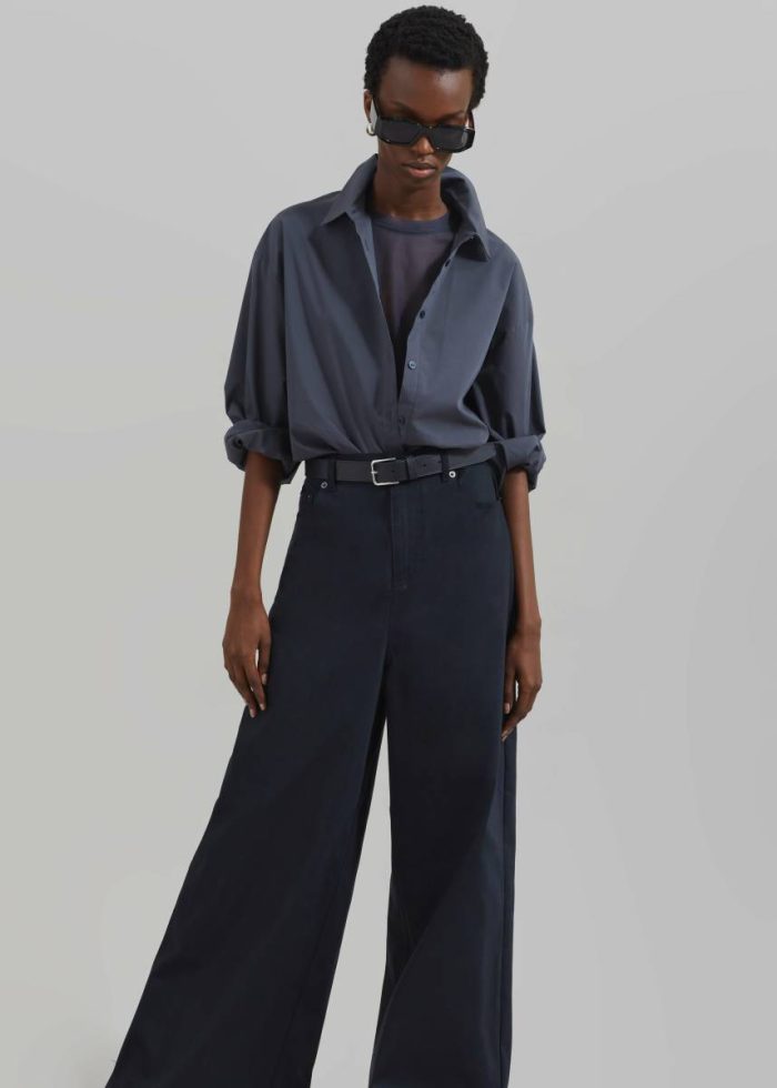 Sasha Wide Leg Twill Pants - Navy Women Blue Bottoms The Frankie Shop