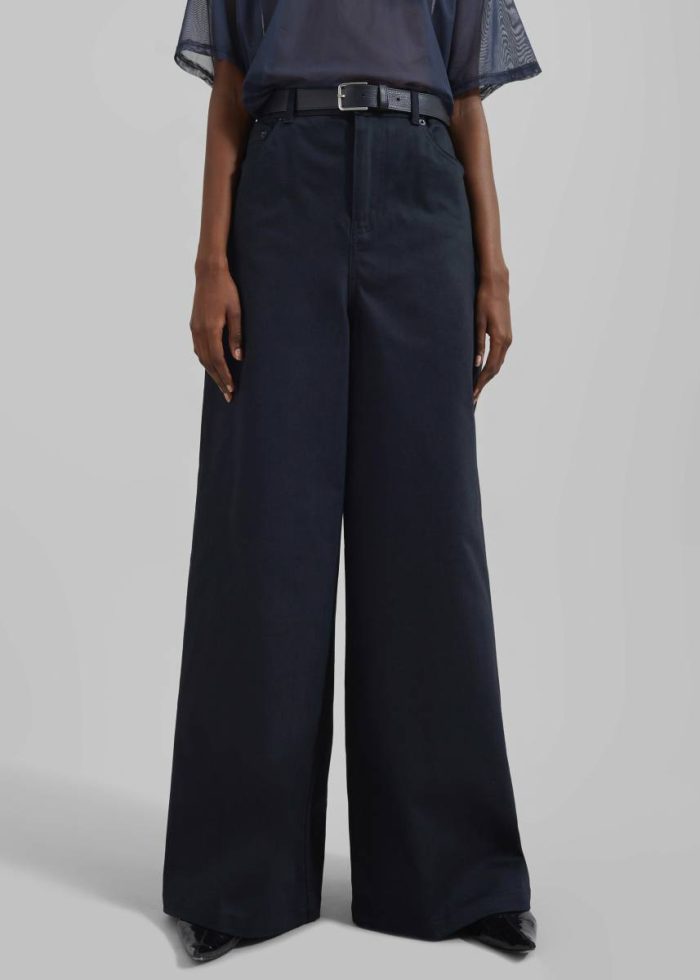 Sasha Wide Leg Twill Pants - Navy Women Blue Bottoms The Frankie Shop
