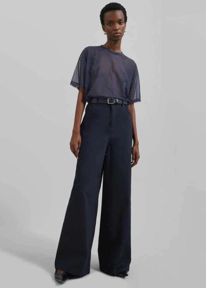 Sasha Wide Leg Twill Pants - Navy Women Blue Bottoms The Frankie Shop
