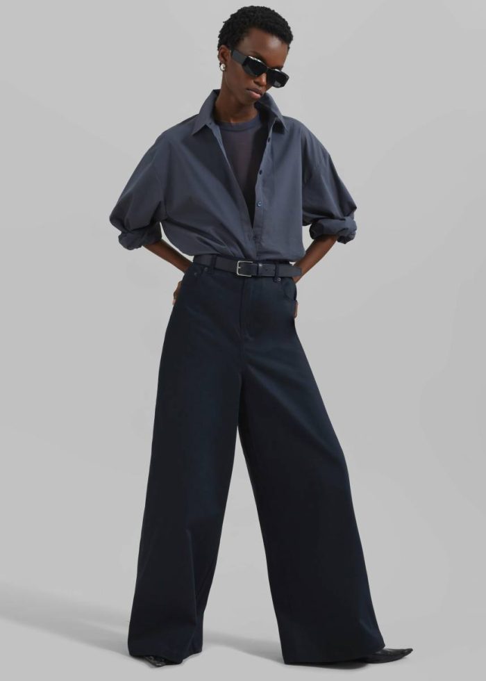 Sasha Wide Leg Twill Pants - Navy Women Blue Bottoms The Frankie Shop