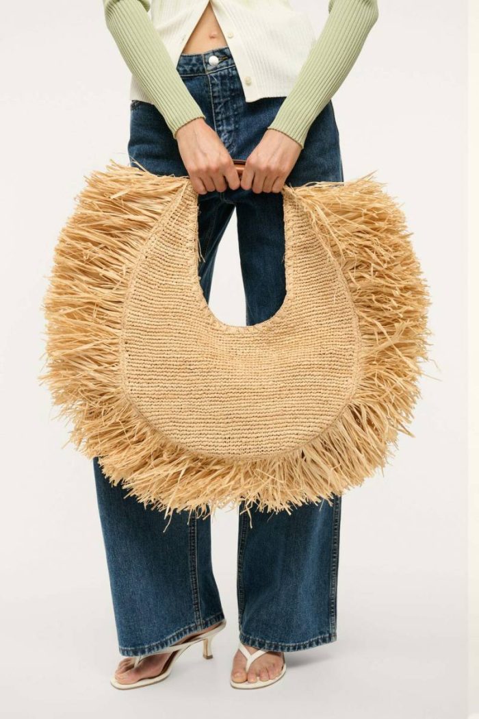 Staud Women Large Raffia Moon Tote Bag Natural Fringe Totes