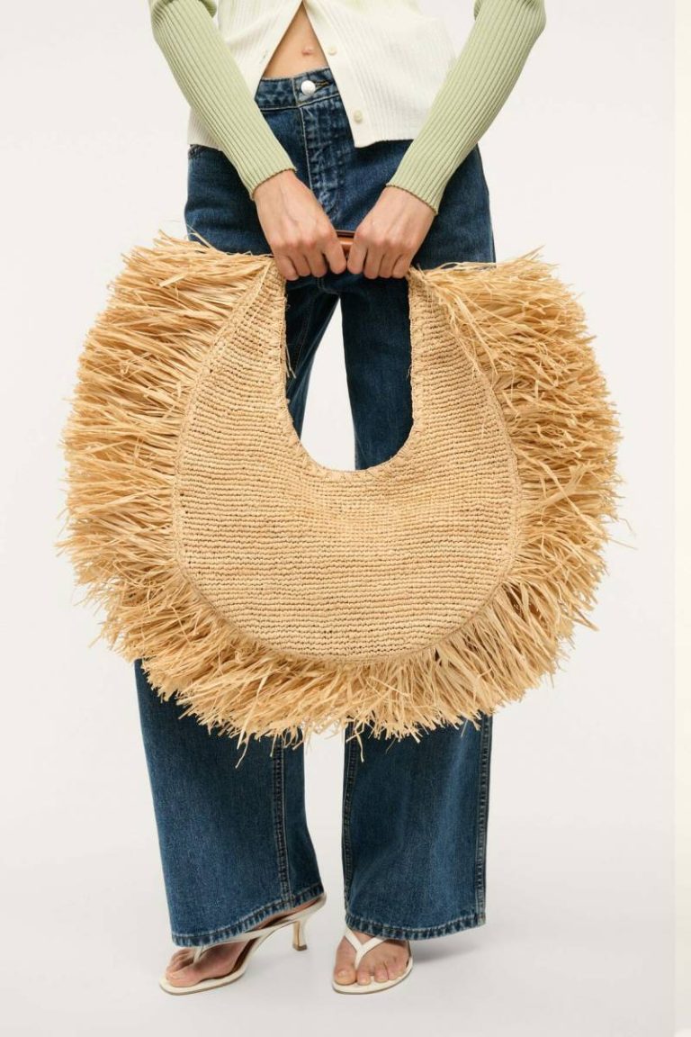 Staud Women Large Raffia Moon Tote Bag Natural Fringe Totes