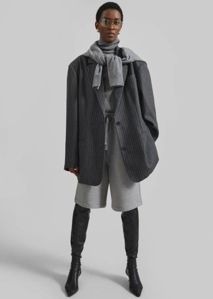 Stora Oversized Wool Blazer - Grey/White Pinstripe The Frankie Shop Women Grey Outerwear