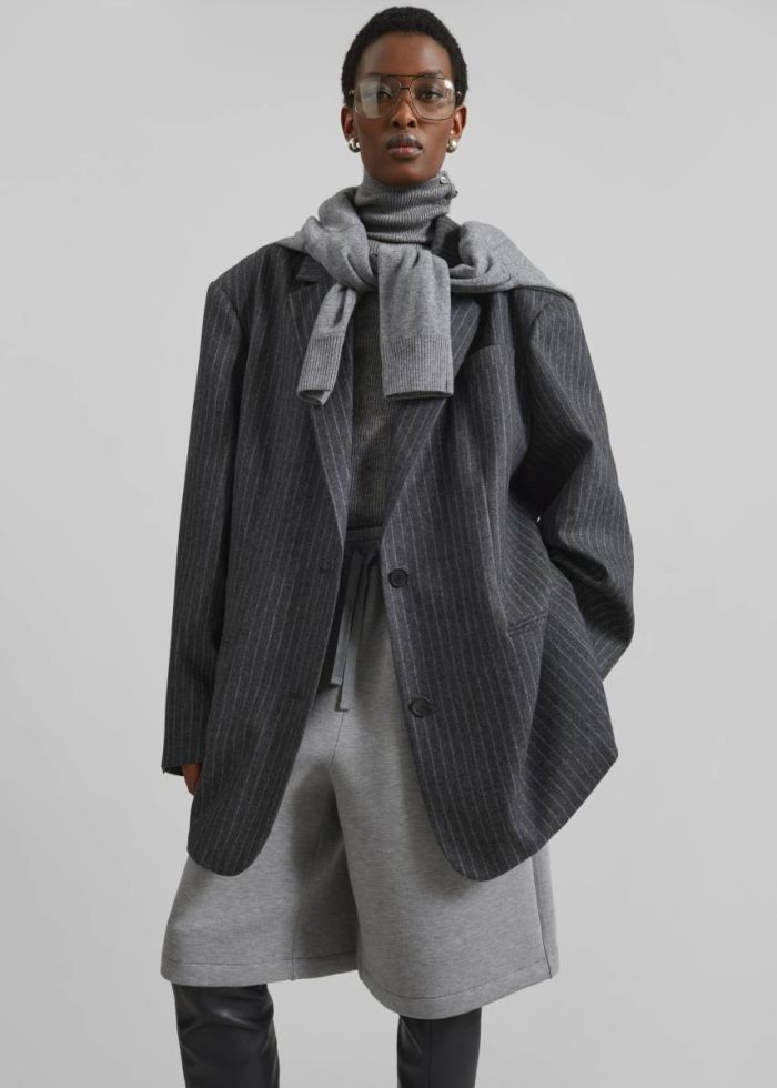 Stora Oversized Wool Blazer - Grey/White Pinstripe The Frankie Shop Women Grey Outerwear