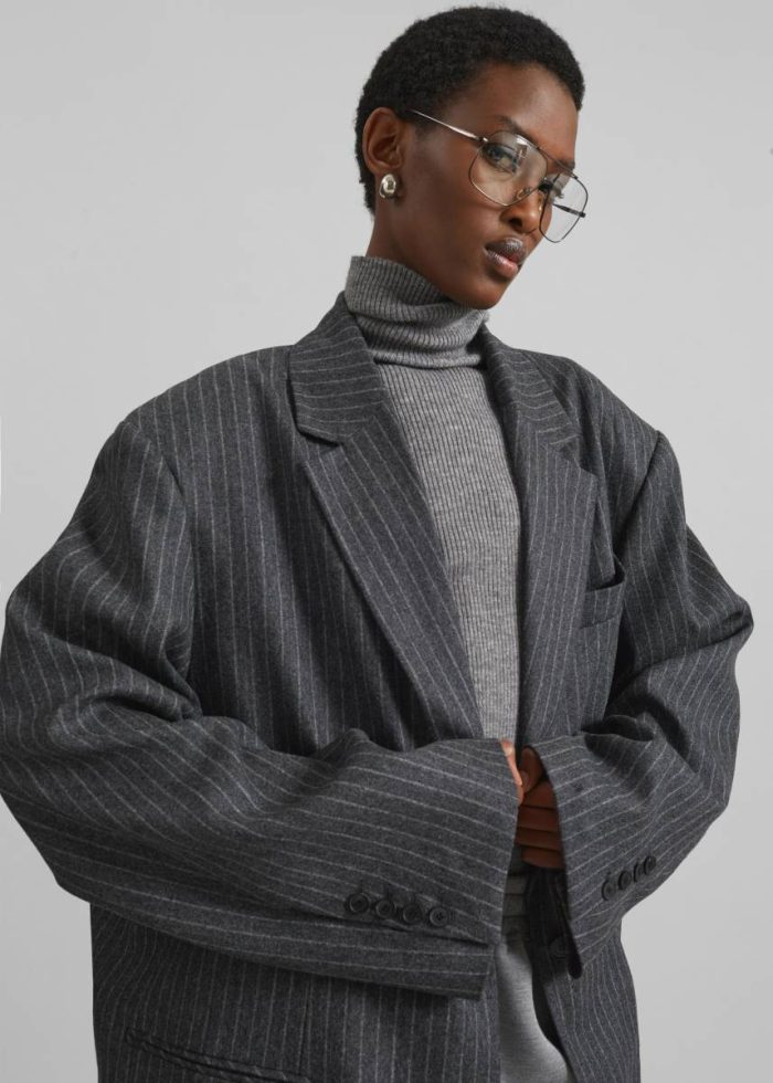 Stora Oversized Wool Blazer - Grey/White Pinstripe The Frankie Shop Women Grey Outerwear