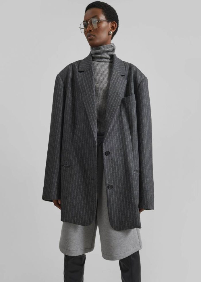 Stora Oversized Wool Blazer - Grey/White Pinstripe The Frankie Shop Women Grey Outerwear