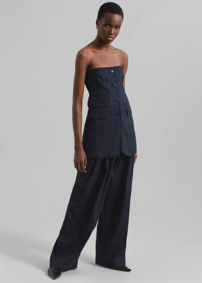 The Frankie Shop Blue Bottoms Women Piper Pleated Trousers - Navy/Beige Pinstripe
