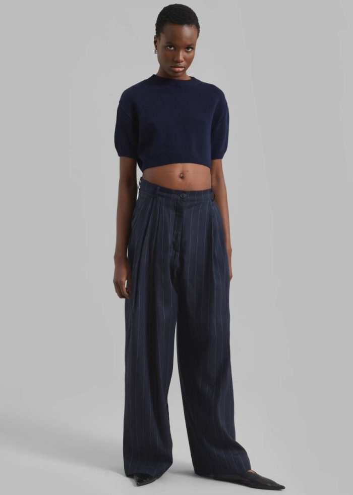 The Frankie Shop Blue Bottoms Women Piper Pleated Trousers - Navy/Beige Pinstripe