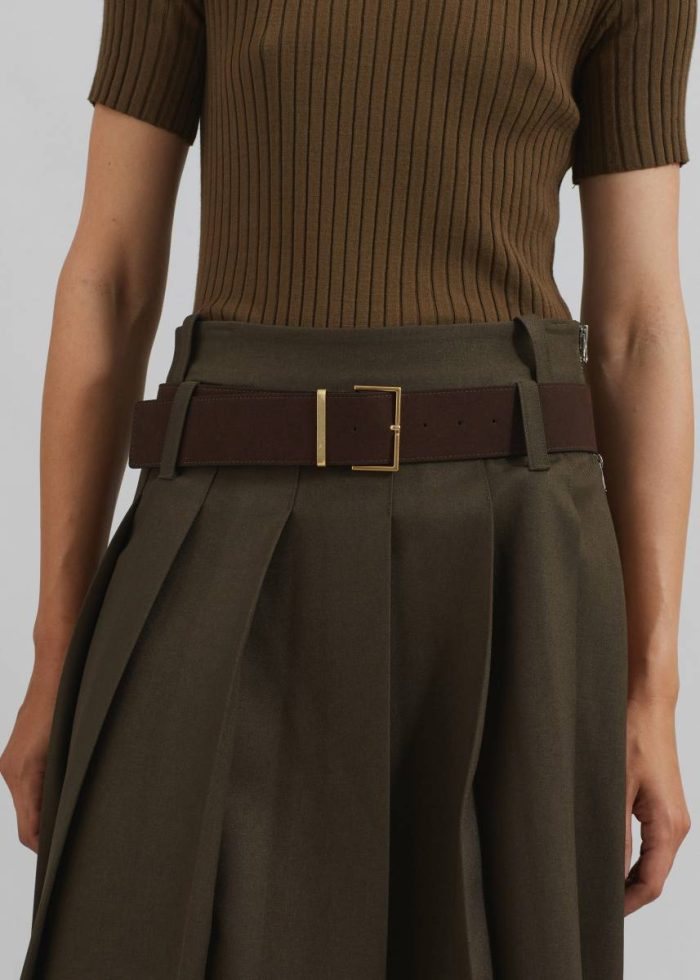The Frankie Shop Brown Evro Suede Leather Belt - Brown/Gold Women Belts