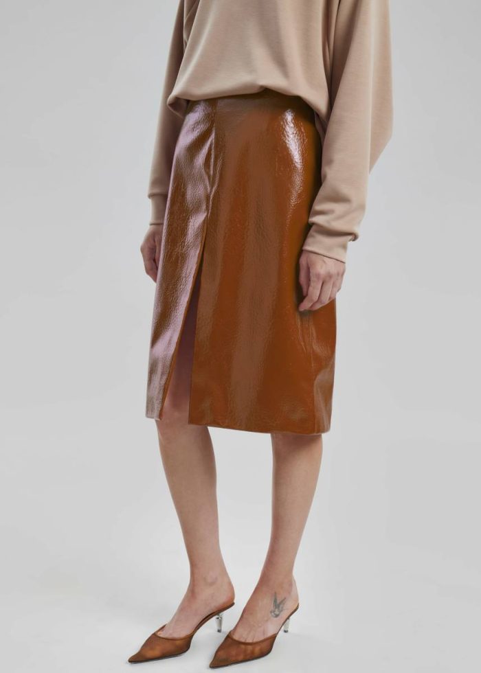 The Frankie Shop Brown Women Bottoms Britt Crackled Faux Leather Midi Skirt - Camel