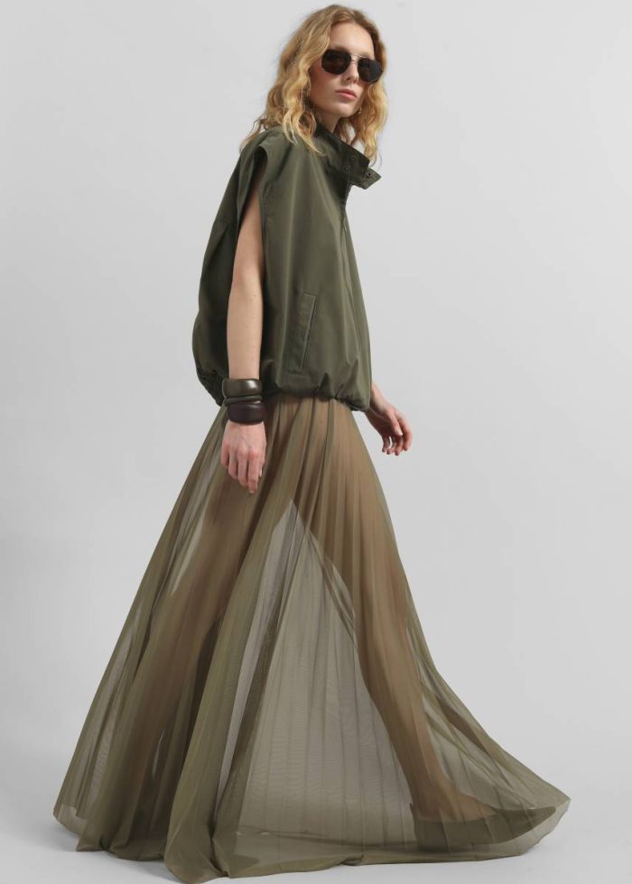 The Frankie Shop Green Women Bottoms Vallen Pleated Mesh Maxi Skirt - Khaki