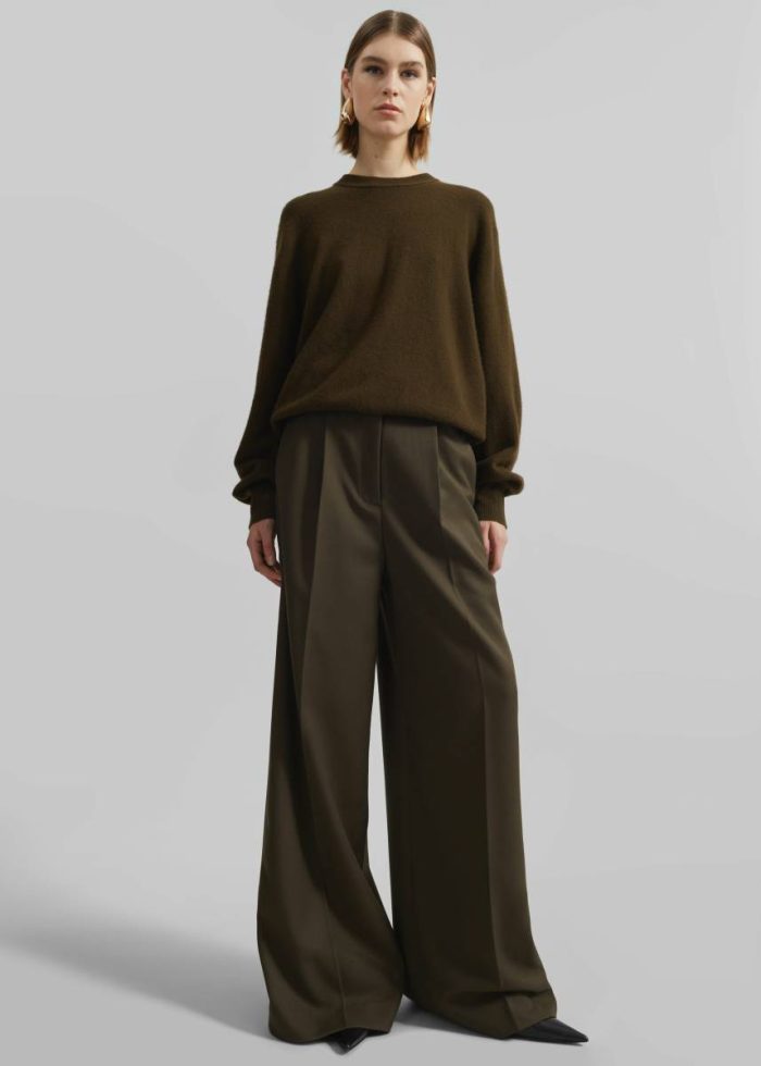 The Frankie Shop Kamila Wide Leg Trousers - Khaki Green Bottoms Women