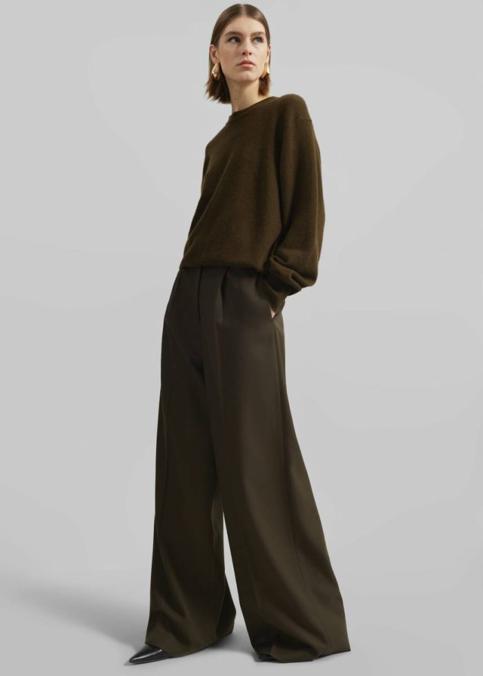 The Frankie Shop Kamila Wide Leg Trousers - Khaki Green Bottoms Women