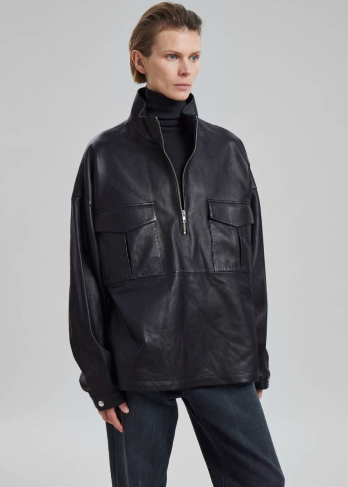 The Frankie Shop Kevin Leather Half Zip Shirt - Black Tops Black Men