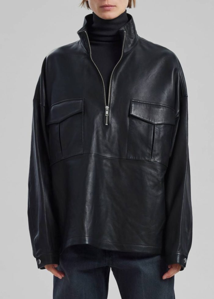 The Frankie Shop Kevin Leather Half Zip Shirt - Black Tops Black Men