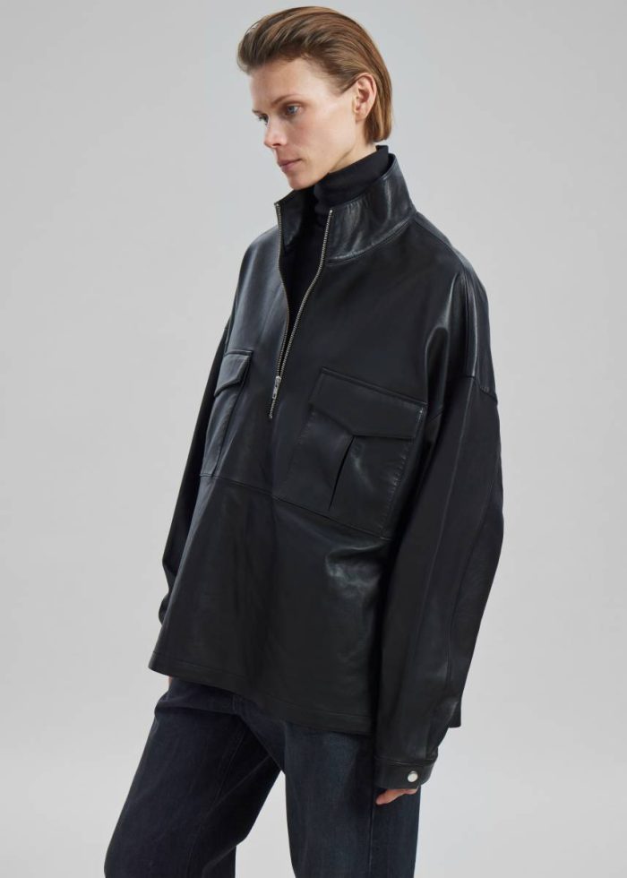 The Frankie Shop Kevin Leather Half Zip Shirt - Black Tops Black Men