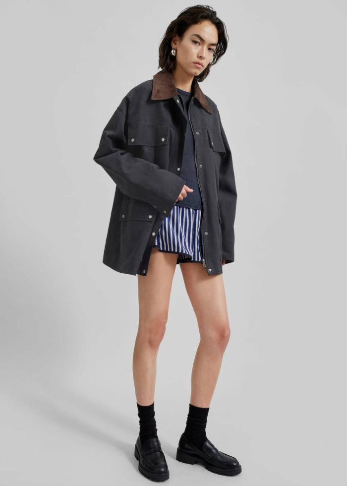 The Frankie Shop Outerwear Women Black Stevan Contrast Collar Cargo Jacket - Charcoal