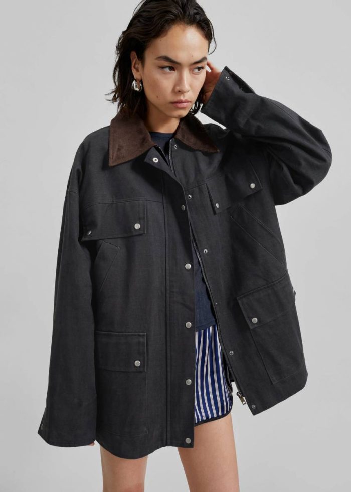 The Frankie Shop Outerwear Women Black Stevan Contrast Collar Cargo Jacket - Charcoal