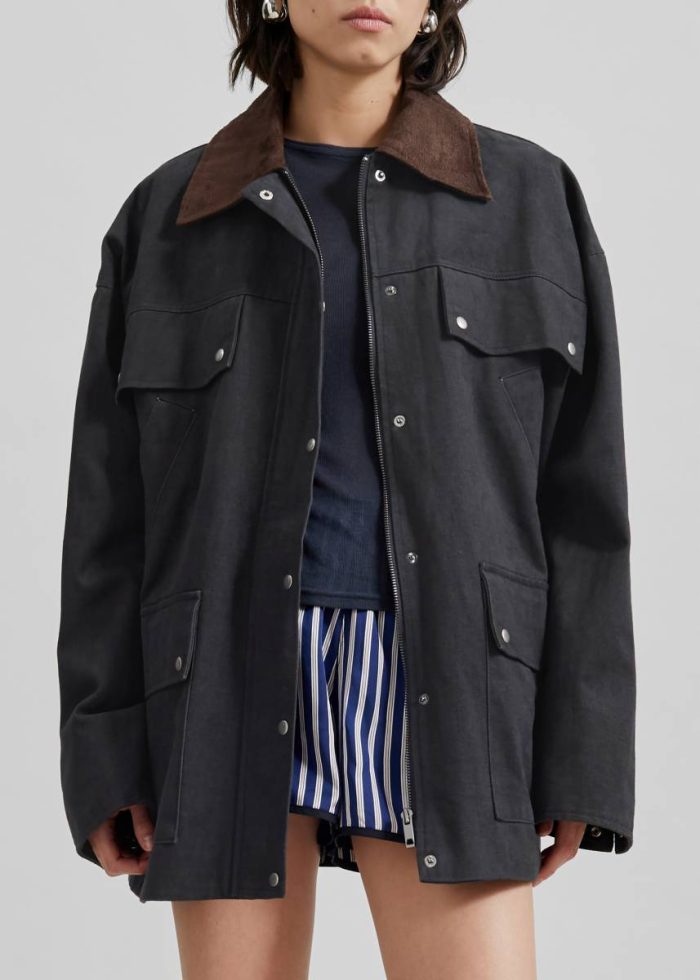The Frankie Shop Outerwear Women Black Stevan Contrast Collar Cargo Jacket - Charcoal