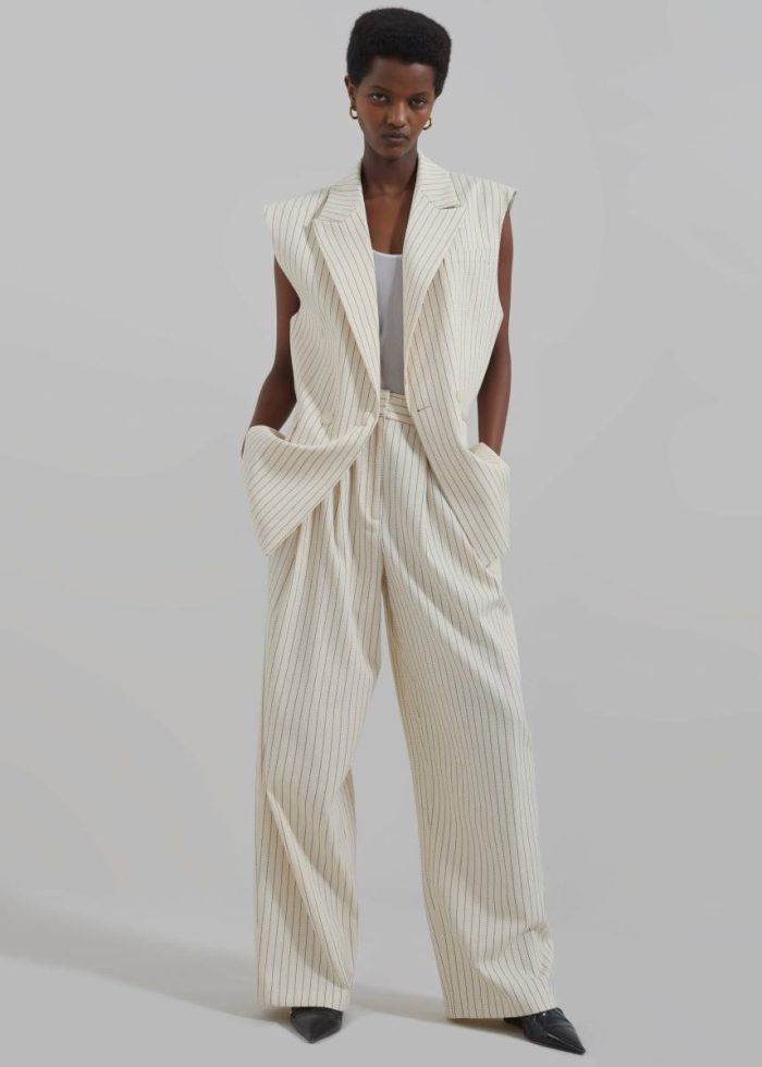 The Frankie Shop Outerwear Women Shane Twill Double Breasted Vest - Light Beige/Black Pinstripe Beige