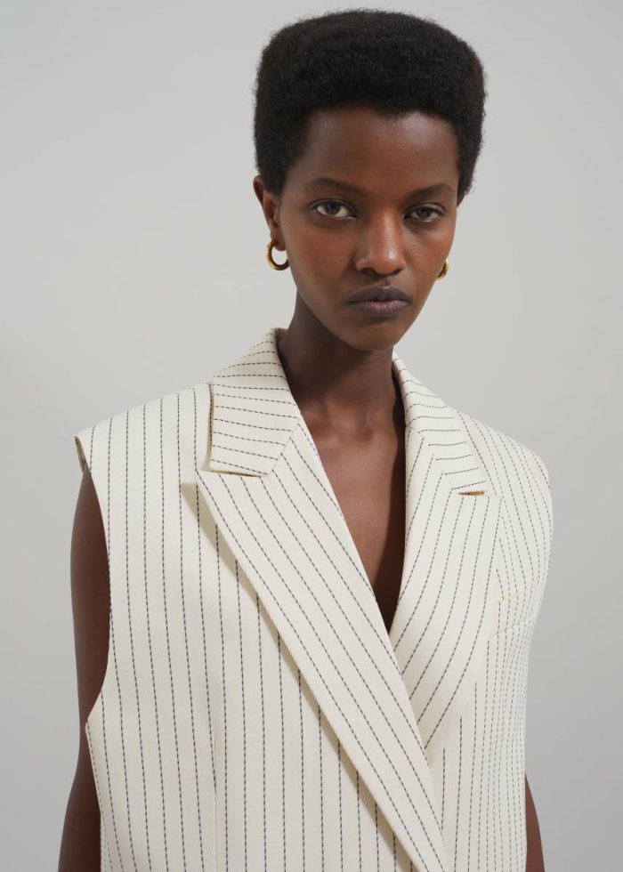 The Frankie Shop Outerwear Women Shane Twill Double Breasted Vest - Light Beige/Black Pinstripe Beige