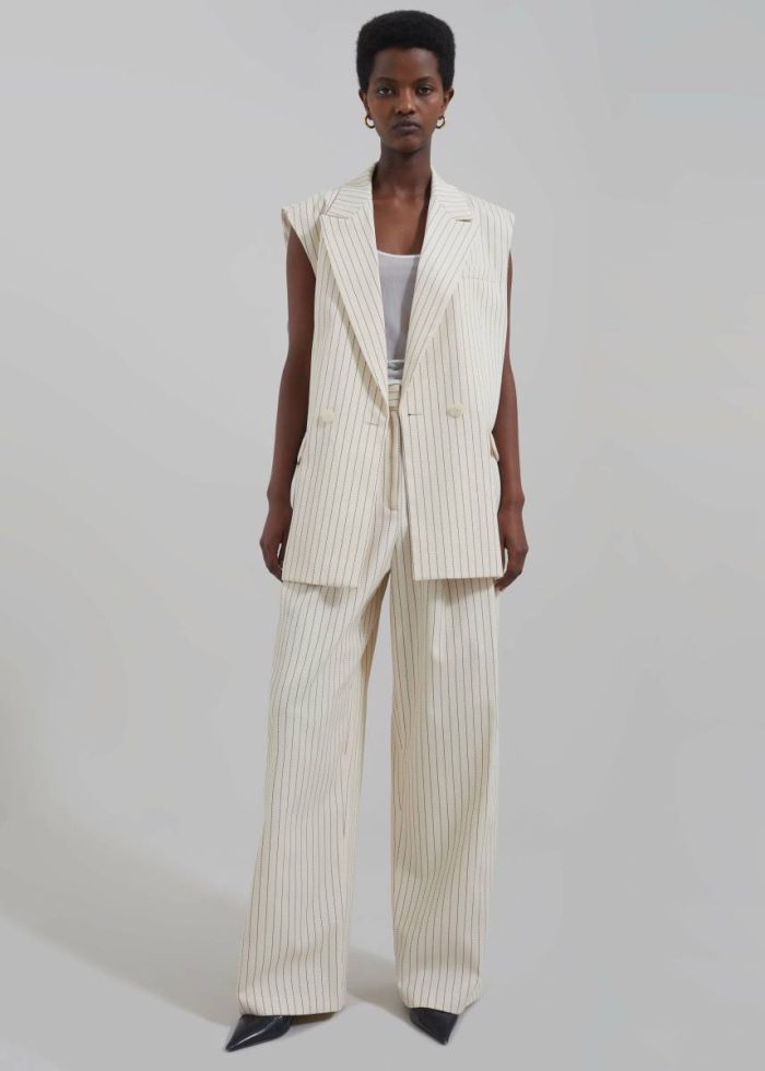 The Frankie Shop Outerwear Women Shane Twill Double Breasted Vest - Light Beige/Black Pinstripe Beige