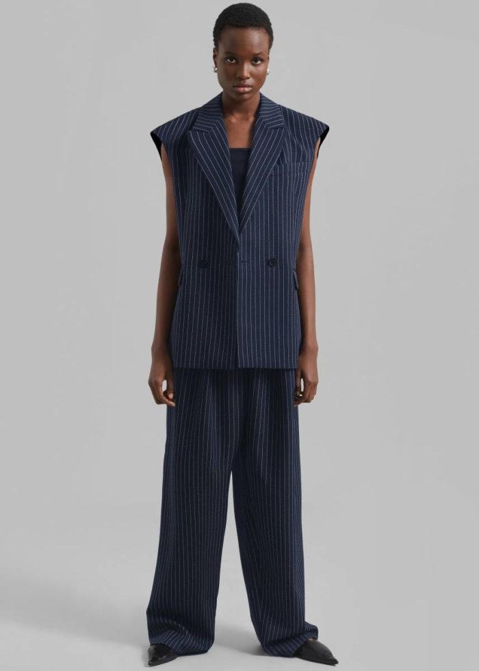 The Frankie Shop Shane Twill Double Breasted Vest - Navy/White Pinstripe Women Blue Outerwear