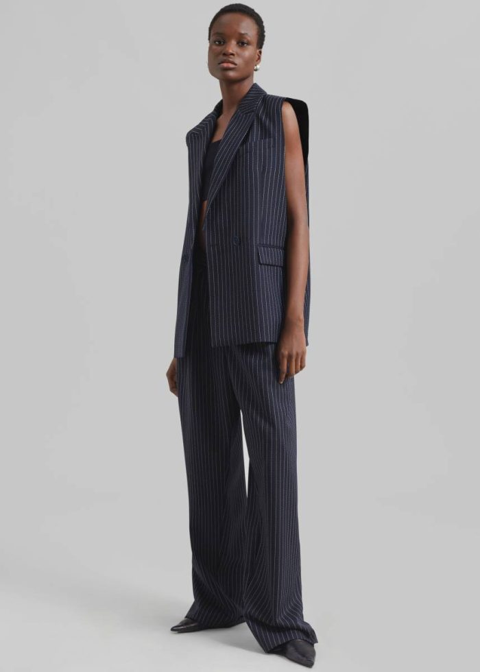 The Frankie Shop Shane Twill Double Breasted Vest - Navy/White Pinstripe Women Blue Outerwear