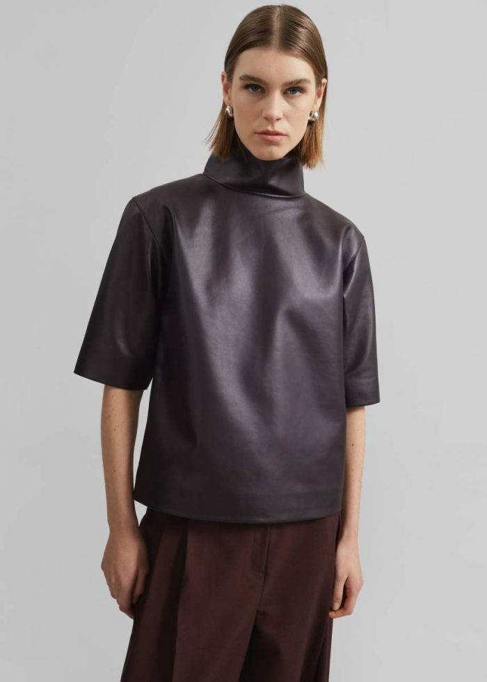 The Frankie Shop Shiloh Leather Mock Neck Top - Dark Plum Purple Women Tops