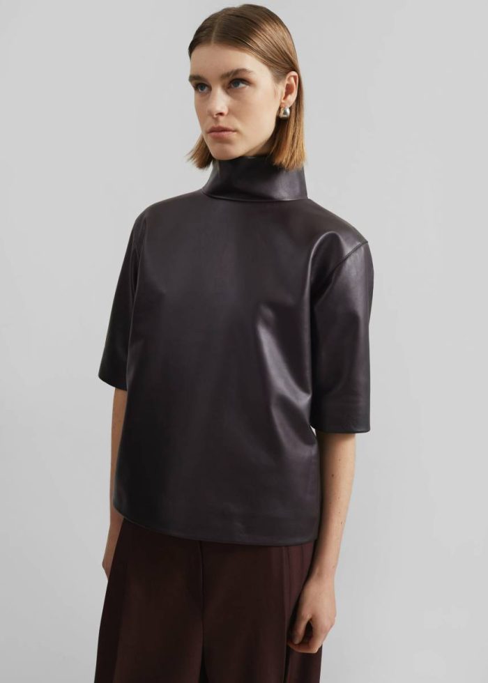 The Frankie Shop Shiloh Leather Mock Neck Top - Dark Plum Purple Women Tops