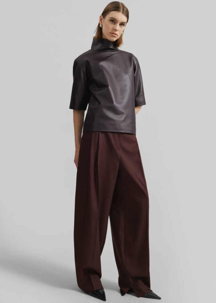 The Frankie Shop Shiloh Leather Mock Neck Top - Dark Plum Purple Women Tops